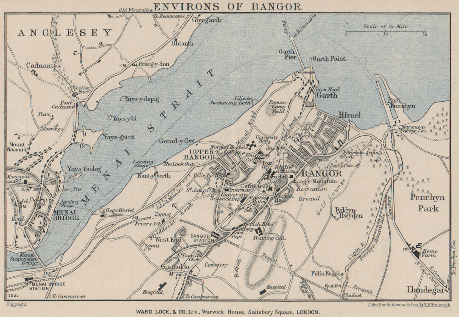 BANGOR vintage town/city plan. Menai Bridge. Wales. WARD LOCK 1937 old map